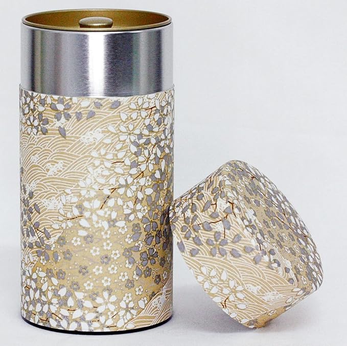 Washi Paper Tea Tin Canister: Long 7oz (200g) Cherry Bloosom with Champagne (#128), Japan
