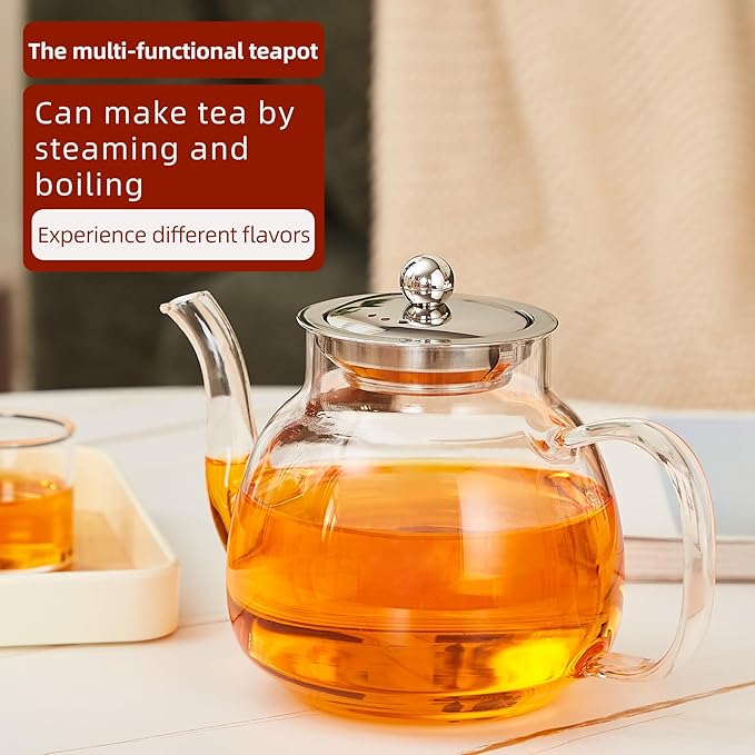 37oz/1100ml Glass Teapot with Removable Infuser, Stovetop & Microwave Safe Borosilicate Tea Kettle, Clear Flowering Tea Maker with 18/10 Stainless Steel Filter for Loose Leaf & Blooming Tea