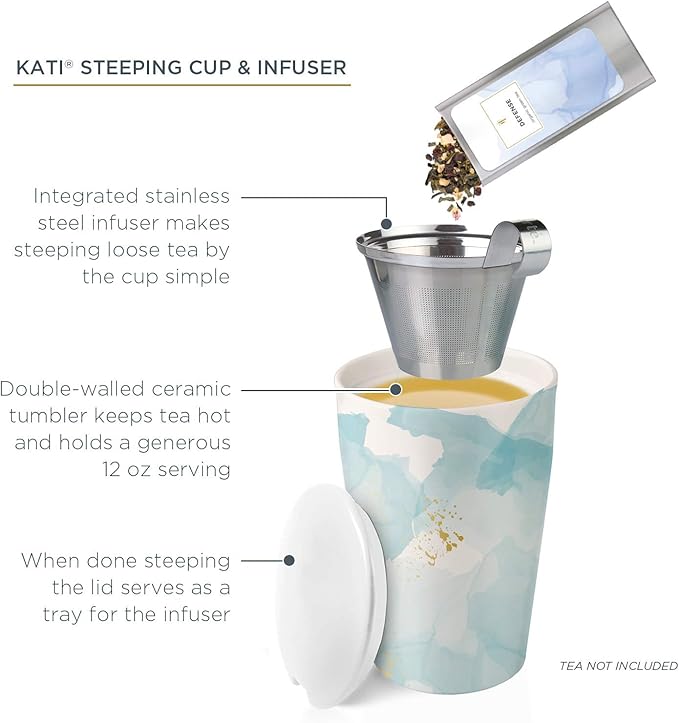 Tea Forte Double-Walled Ceramic Kati Cup, Removable Stainless Steel Infuser Basket and Lid, Steeps 12 oz Loose Leaf Tea, Dishwasher & Microwave Safe, Wellbeing (Blue/Gold)