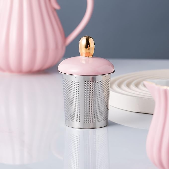Jusalpha Service for 6- Fine China Pink Coffee Cup/Teacup Set, 8 OZ Cups& Saucer, with Teapot-Sugar Bowl-Cream Pitcher Teaspoons and tea strainer for Tea/Coffee- 24 PC (Pink, Serve of 6)