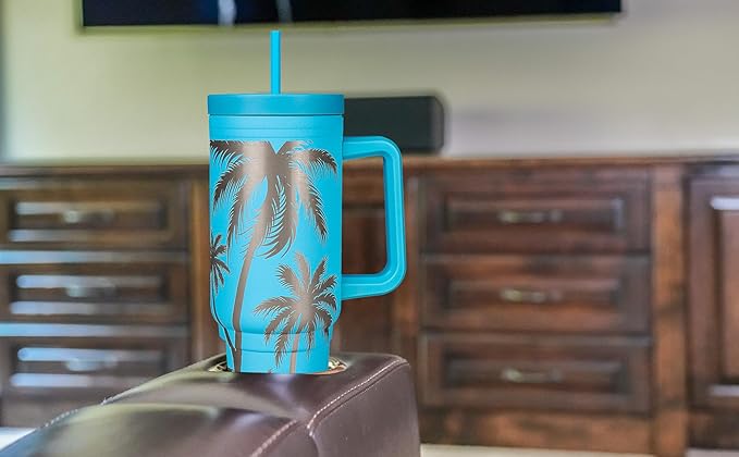 Engraved Palm Trees 40oz Insulated Tumbler with Handle, Lid & Straw - Use for Water, Tea, Coffee & More-Palm Tree 40oz Tumblers
