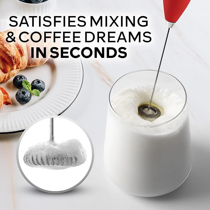 Zulay Powerful Milk Frother for Coffee with Upgraded Titanium Motor - Handheld Electric Whisk, Milk Foamer, Mini Mixer & Coffee Blender for Frappe, Latte, Matcha, No Stand - Red