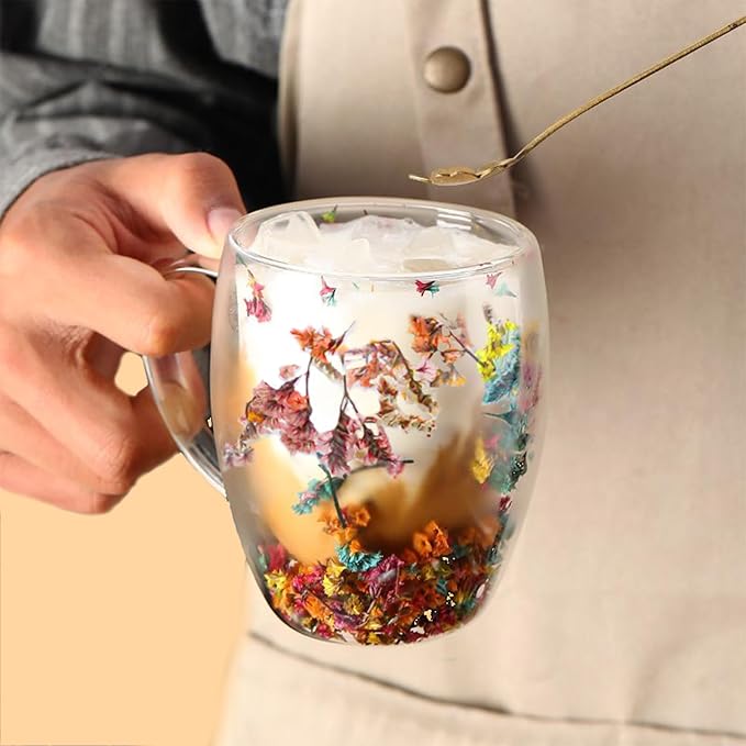 Gifts for Women Dried Flowers Double Wall Glass Coffee Mugs Cute Glass Tea Cups with Handles Autumn Mug Christmas Birthday Gifts for Best Friend Teacher Mum Gift New Home Gift Ideas Home Decor
