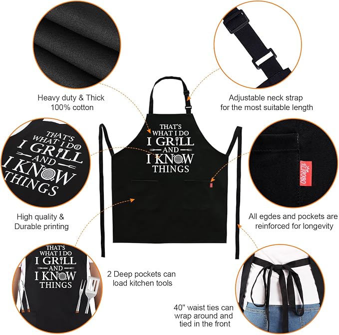 Funny Grilling Aprons for Men - BBQ Cooking Apron with 2 Pockets, Adjustable Neck Strap and 40" Long Ties - That's What I Do I Grill and I Know Things - Image 3