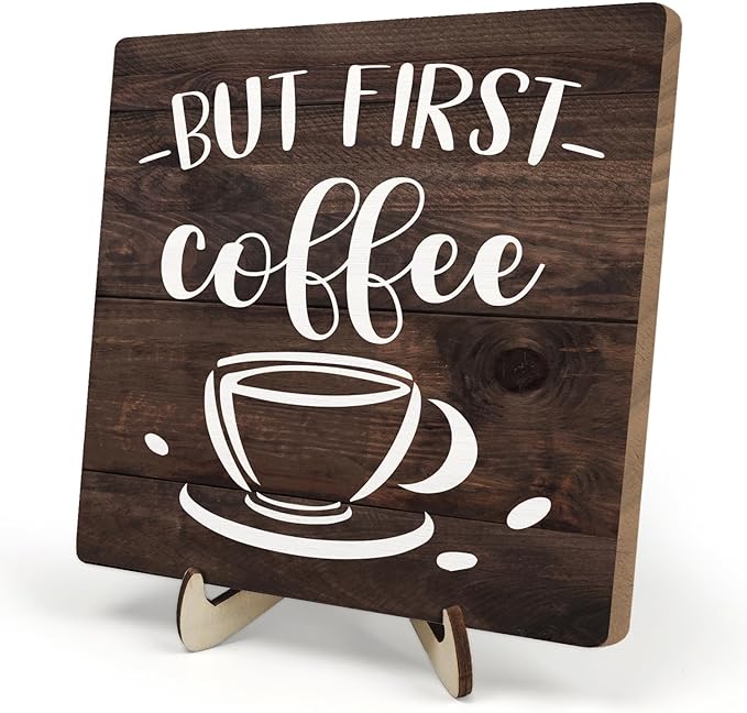 Vintage Coffee Bar Wooden Plaque Desk Sign, Farmhouse Wood Plaque Tabletop Decor for Cafe Bar Kitchen Office,Coffee Station Accessories 5.9x5.9Inch