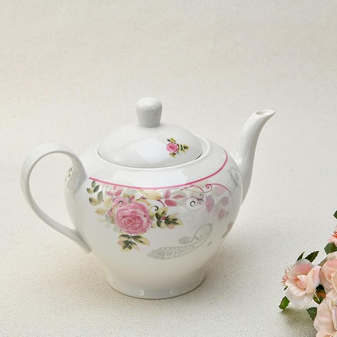 Porcelain Teapot 40 oz. Microwave & Dishwasher Safe Tea Pots for Tea, Pots for Women Gift (English Rose)