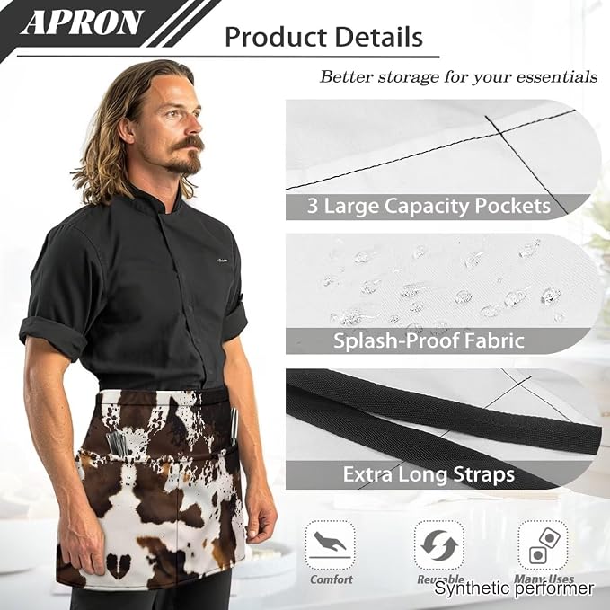 Waist Apron with 3 Pockets Waterproof 13 Inch Short Half Waist Aprons Women Men Server Aprons Waitress Waiter Apron - Image 6