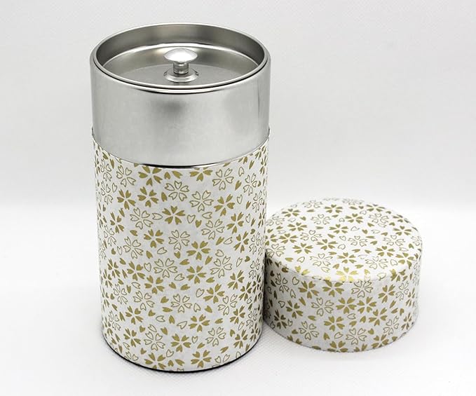 Japanese Pokkan Matcha Coffee Spice Tea Tin Canister Washi Paper Storage with Lid 7.05 oz Capacity (Kenran Hana)