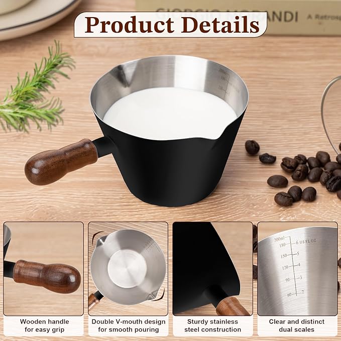 Espresso Cup, 6.8 oz/200 ml Stainless Steel Coffee Shot Measuring Cup with Wood Handle, Double V-Shaped Mouth and Clear Scale for Cappuccino Barista Coffee Bar Accessories, Black
