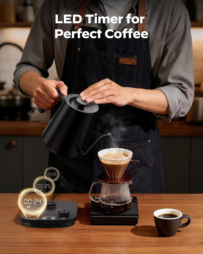 Silonn Electric Gooseneck Kettle - ±1°F Precise Temp Control, 0.9L 304 Stainless Steel | 4-Hour 100°C Keep Warm, 7 Presets & LED Brew Timer for Pour-Over Coffee