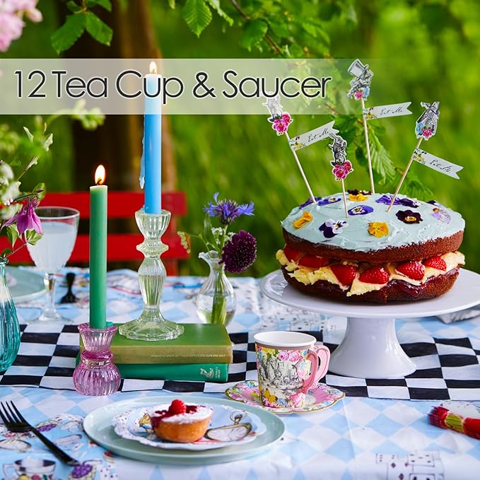 Talking Tables 12 x Alice in Wonderland Disposable Paper Teacup Set with Handle & Saucers Mad Hatter Afternoon Tea Party Table Decorations for Mother's Day, Onederland Birthday, Baby Shower, Wedding