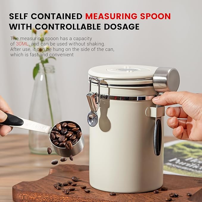 Airtight Coffee Container with Date Tracker & Spoon - Kitchen Storage Jar for Coffee Grounds, Cereal, Beans, Sugar (Black, 16OZ)