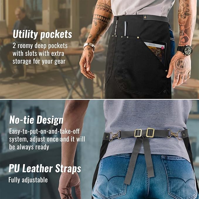 Under NY Sky Half Barista Apron - Black Leather Strap - Riveted Pockets - Double Stiched - Leather Loop - Professional Twill - Bistro, Restaurant, Waiter, Bartender, Server - Black Half Waist Apron