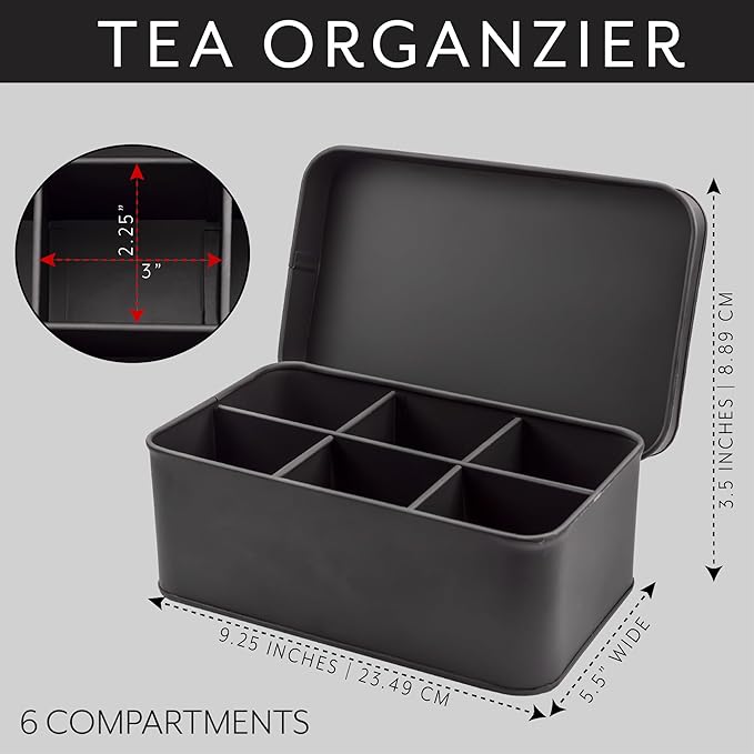 AuldHome Design Enamelware Tea Bag Box (Black), Classic Sleek Style Tea Storage Tin