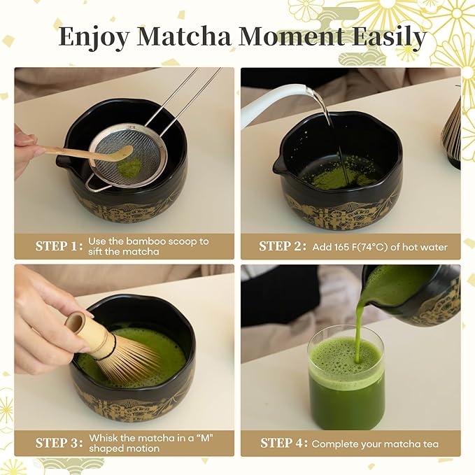 Matcha Whisk Set and Bowl Kit Black and Gold, Japanese Ceremonial Matcha Tea Kit Making Tools Ceramic Bowl and Whisk Holder Accessories Gift Set for Women Friends