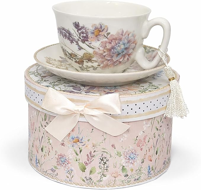 STP GOODS Bone China Tea/Coffee Cup and Saucer in Gift Box Fine Bone China Coffee Cup with Saucer Tea Cup and Saucer Set of One,Porcelain Cup and Saucer (Wildflower Meadow)