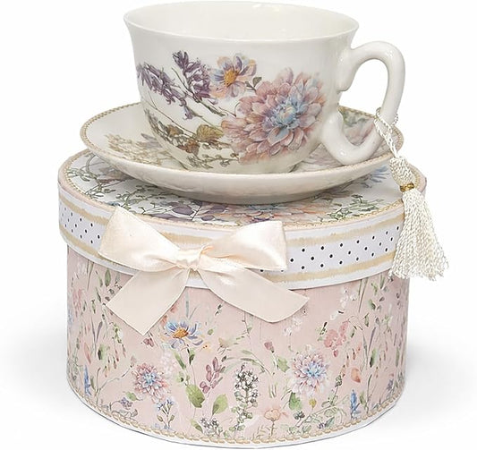 STP GOODS Bone China Tea/Coffee Cup and Saucer in Gift Box Fine Bone China Coffee Cup with Saucer Tea Cup and Saucer Set of One,Porcelain Cup and Saucer (Wildflower Meadow)