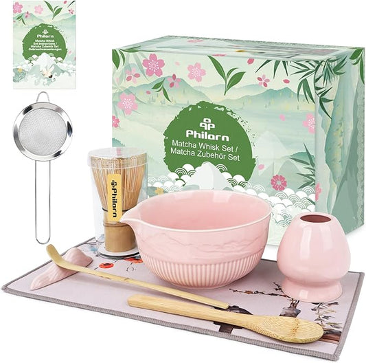 PHILORN Matcha Whisk Set, 9Pcs Ceramic Macha Kit, Matcha Set Whisk and Bowl with Spout, Whisks, Holder, Bamboo Scoop, Scoop Rest, Sifter and Tea Towel for Macha Lover (Pink)