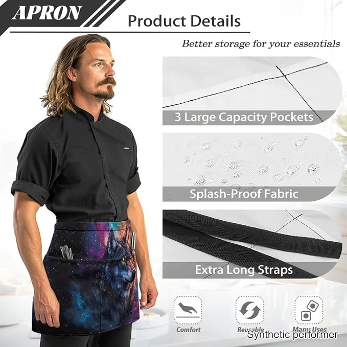 Waist Apron with 3 Pockets Waterproof 13 Inch Short Half Waist Aprons Women Men Server Aprons Waitress Waiter Apron - Image 6