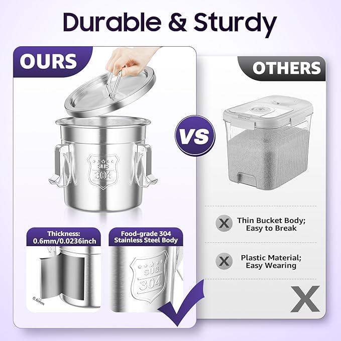 304 Stainless Steel Airtight Canister for Home, Rice Cereal Grain Canisters Container, Metal Kitchen Rice Oil Storage Bucket for Household Kitchen Food w/Handles+Lid (Silver-6L)