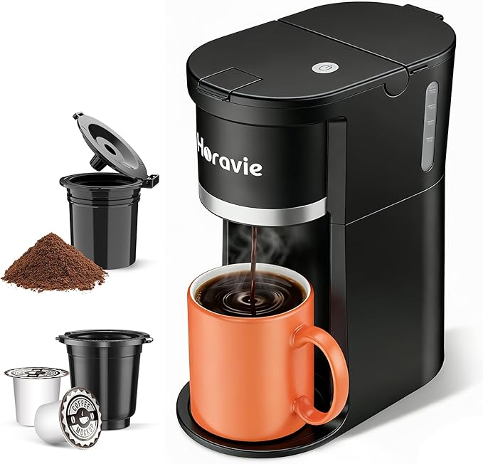 Small Single Serve Coffee Maker, Fast Brew One Cup Coffee Machine for K Cup and Grounds, 6 to 12 oz. Brew Sizes, Capsule Coffee Machine with Descaling Reminder and Viewing Tank, Black