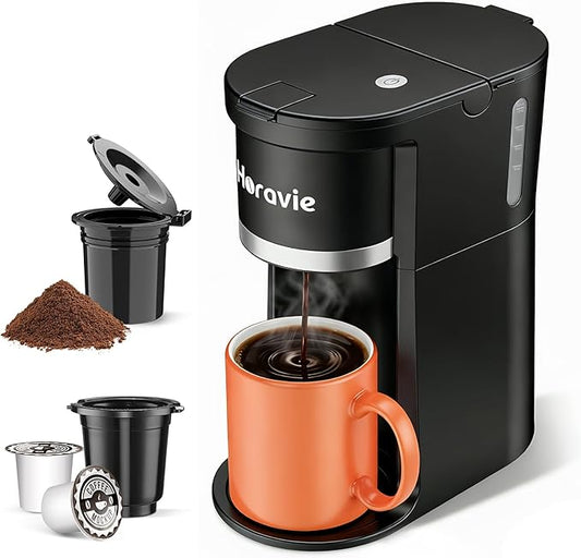 Small Single Serve Coffee Maker, Fast Brew One Cup Coffee Machine for K Cup and Grounds, 6 to 12 oz. Brew Sizes, Capsule Coffee Machine with Descaling Reminder and Viewing Tank, Black