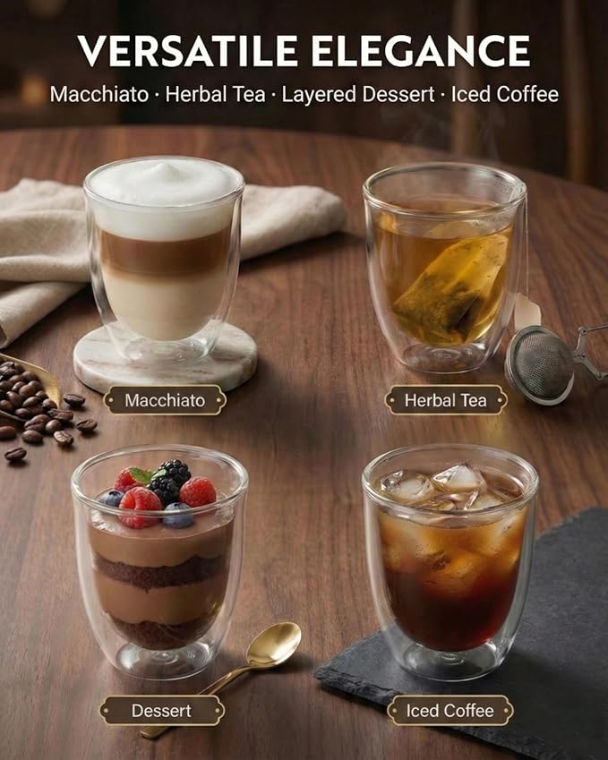 5oz Double Walled Espresso Cups, Set of 4 - Insulated Glass Coffee Mugs for Lungo, Double Espresso & Cappuccino - Clear Borosilicate Glassware Compatible with Nespresso & De'Longhi Machine
