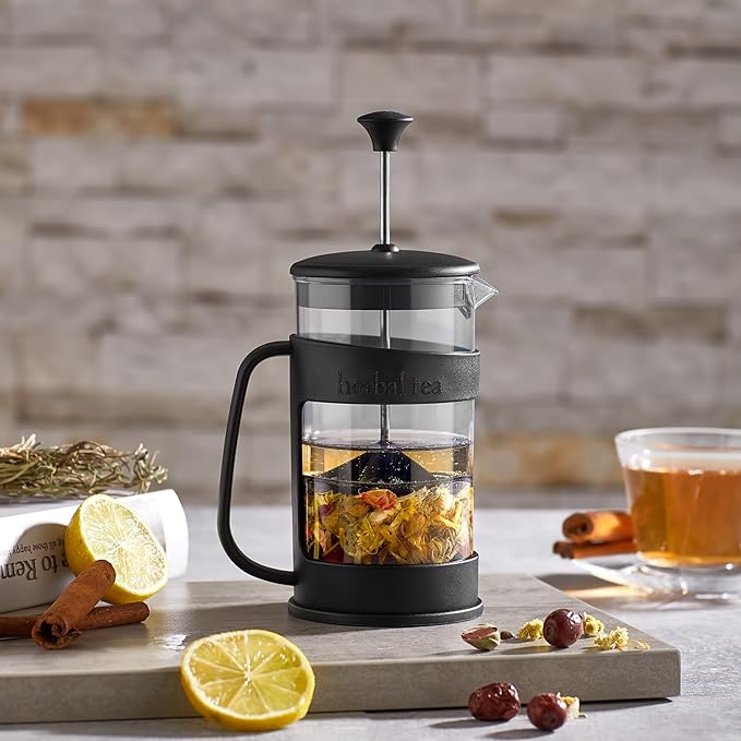 French Press Coffee and Tea Maker - 400ml (13.5oz) BPA-Free Heat-Resistant Plastic Body - Perfect for Herbal Tea, Filter Coffee, and Espresso Brewing - Sleek Black Design