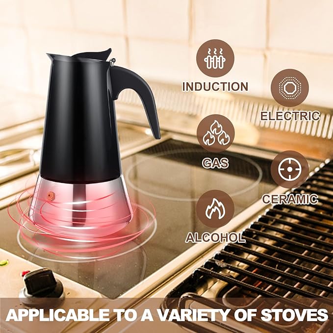 4 Cup Stovetop Espresso Maker Stainless Steel Moka Pot Stove Top Percolator Italian Coffee Makers Capable Mocha Greca Machine Cafe Classic Induction Cookers for Home and Camping 200ml 6.6oz
