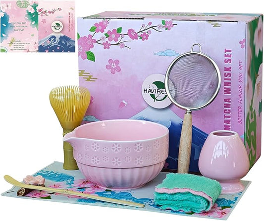 HAVIREST 8 pcs Matcha Whisk Set, Ceramic Bowl and Whisk Stand Spoon Holder Sifter Mat Towel, Japanese Ceremonial Grade Macha Tea Tools Kit, Gift for Women Match Starter Lover (Pink)
