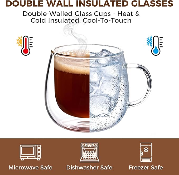 Double Wall Insulated Latte Glasses 10oz with Handle - Set of 2, Clear Glass Mugs for Cappuccino, Espresso, Tea & Hot Drinks