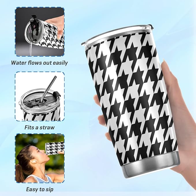 Tumbler Houndstooth Black White Insulated Coffee Cup Beverage Container Travel Mug with Straw and Lid Double Wall Stainless Steel 20oz BPA-Free for Sport, Back to School