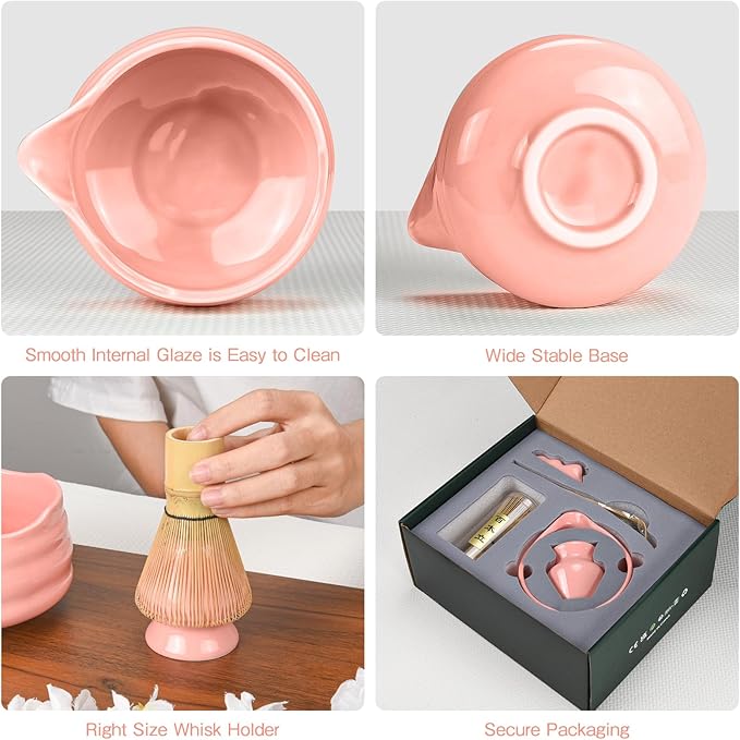 Matcha Whisk Set: 7 Pcs Ceramic Matcha Set with Bowl, Whisk, Holder, Scoop, Sifter, Rest & Towel – Japanese Matcha Kit Gift (Sakura Pink)