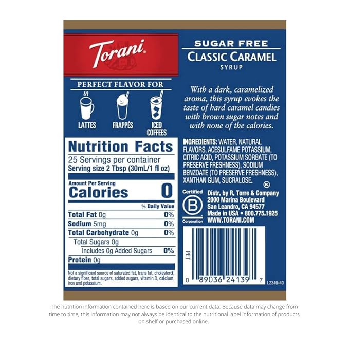 Torani Sugar Free Syrup, Classic Caramel, 25.4 Oz, Pack of 4