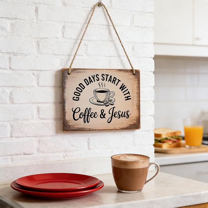 Coffee Signs, Good Days Start with Coffee and Jesus Sign, Wood Farmhouse Wall Sign Bar Decor for Kitchen, Home, Office, Cafe Station Housewarming Gift - Image 4