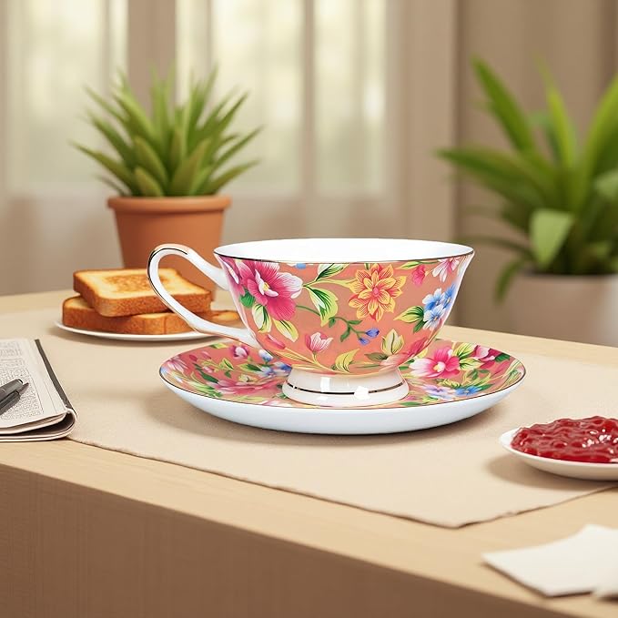 Tea cup and Saucer Set Royal Garden Style Tea Coffee Cup with Saucer 7 Ounces Bone China Teacup and saucer Set(Orange)