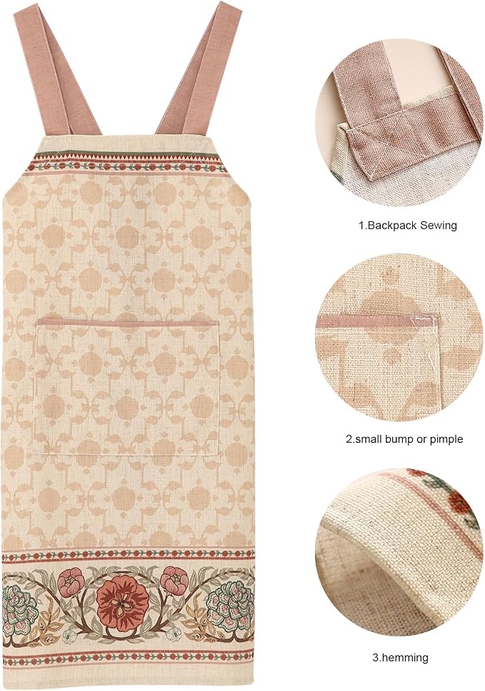 patdrea Blue Floral Linen Apron with Pocket,French Kitchen Garden Chef BBQ Aprons for Women and Men,Crisscross Back Straps - Image 6