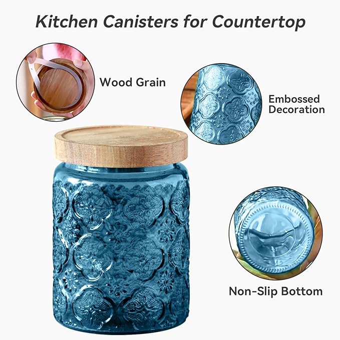 Glass Jar with Lid, Vintage Glass Storage Jars with Airtight Lid Coffee Canister Sugar Container for Kitchen Counter Pantry, Spice, Candy, Coffee Beans, Tea, Cookie (24 FL OZ Blue Sunflower)