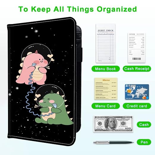 Server Books for Waitress, with 7 Large Pockets, Waiter Serving Book, Waitstaff Server Order Pads, Cute PU Leather Server Book with Pen Holder Fit Server Apron, Pink and Green Dinosaur - Image 5