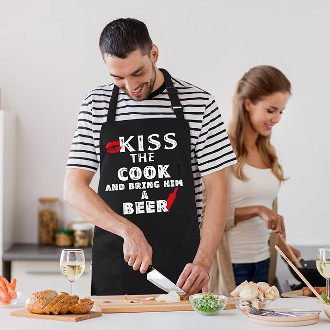 Grilling Apron - KISS THE COOK AND BRING HIM A BEER - Funny BBQ Aprons for Men Women Chef, Adjustable Kitchen Bib Apron with 2 Pockets and 40" Long Ties, Perfect for Cooking, Baking - Black - Image 7