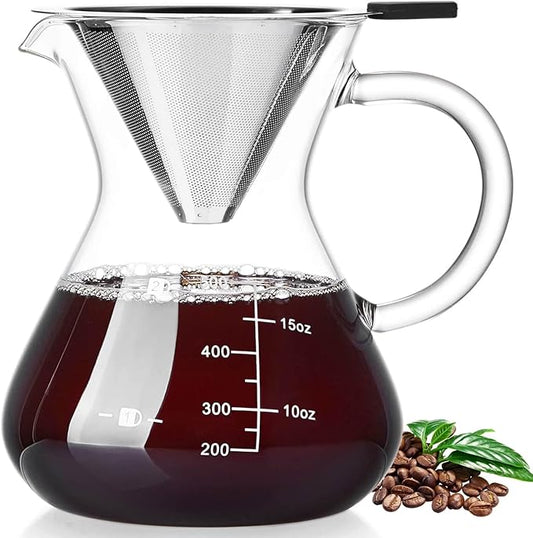 Unbreakable - Pour Over Coffee Maker with Double Stainless Filter 17oz, Thickened Heat-Resistant Borosilicate Glass Dripper Coffee Pour Over, Stovetop Safe