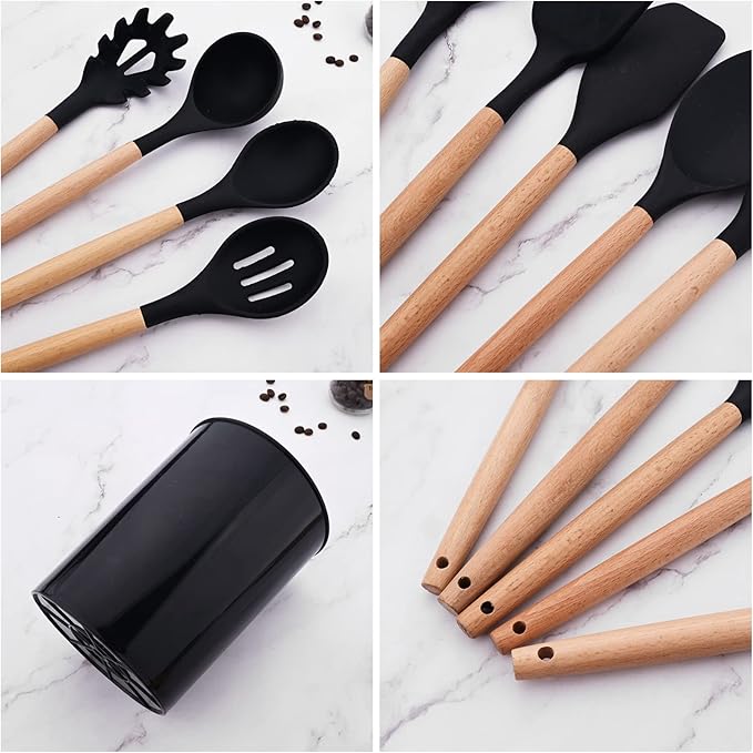 Silicone Black Kitchen Utensil Set with Holder, 12 Pcs Spatula Set for Cooking, Heat Resistant Kitchen Tools Spoon Turner Whisk for Cookware.