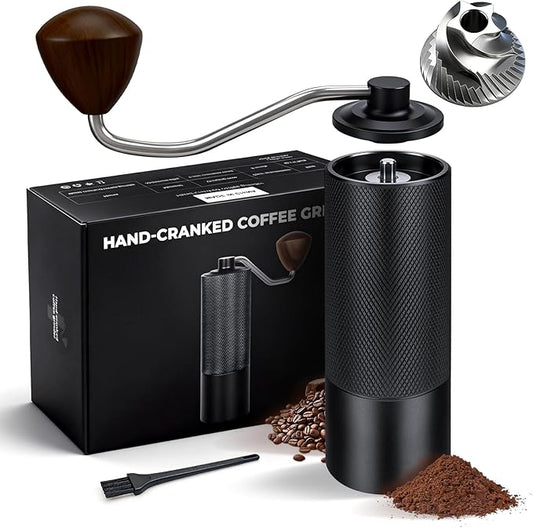 Manual Coffee Grinder, Stainless-Steel Burr Hand Crank, Adjustable Grind for Espresso, Pour Over, French Press, Quiet Portable Travel Coffee Bean Grinder, Easy Clean (Black)
