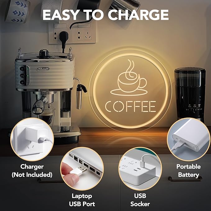 Dimmable Coffee Neon Sign - Vintage Cafe Wall Art, Warm White LED Light for Coffee Bar, Kitchen Decor, Events Backdrop, Perfect Barista Gift (USB Powered and Cup Shape Design)