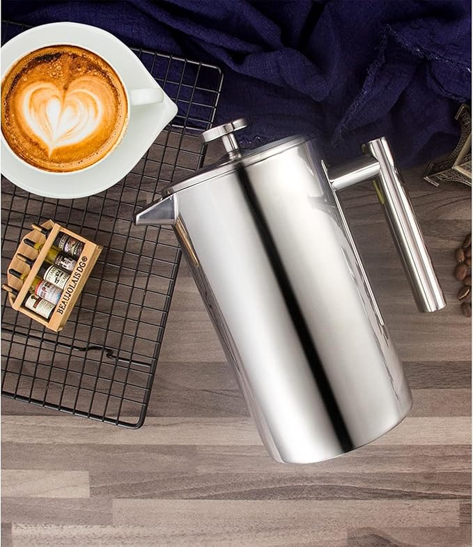 Miuly 21 oz Stainless Steel French Press 600ML Coffee Press with 3 Level Filtration System, Double Wall Insulated French Press with 2 Filters for Home or Office, Silver