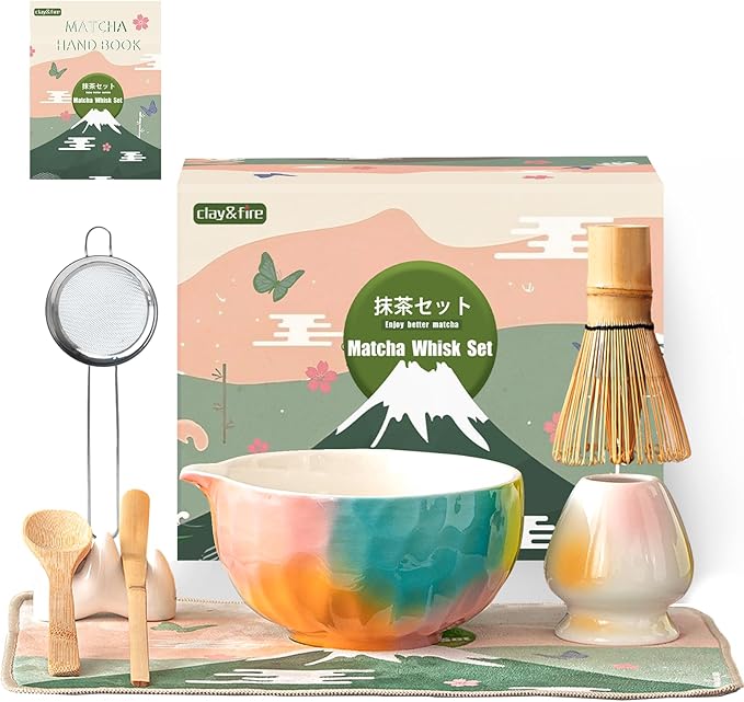 Clay&Fire Matcha Whisk Set，9 Pcs Ceramic Matcha Set, 15 OZ Matcha Bowl with Spout and Whisk，Matcha Kit for Friend, Ideal Gift for Matcha Lover（Sugar）