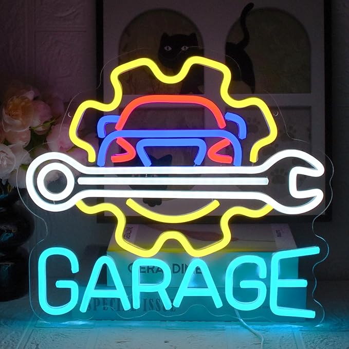 Garage Neon Sign for Wall Decor, LED Garage Neon Light Up Sign USB Dimmable Car Neon Sign for Man Cave Auto Repair Shop Workshop Party Birthday Gift