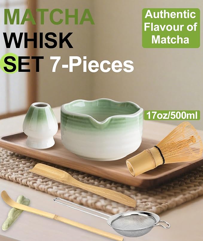 JBER Matcha Whisk Set, Ceramic Matcha Kit Includes Bowl with Spout, Matcha Whisk (Chasen) and Holder, Sifter, Scoop, Spoon & Rest - 7PCS Matcha Set for Matcha Lovers Ceremony, Gradient Light Green
