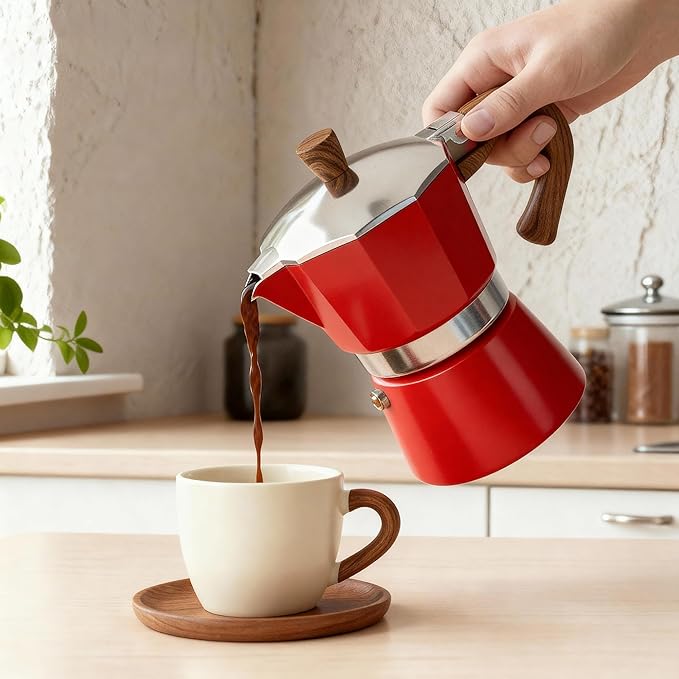 ShanSon Moka Pot Stovetop Espresso Maker 3 Cup 5 oz Italian Coffee Maker Manual Cuban Coffee Percolator Machine Italian Espresso Greca Coffee Maker for Cappuccino or Latte,Red
