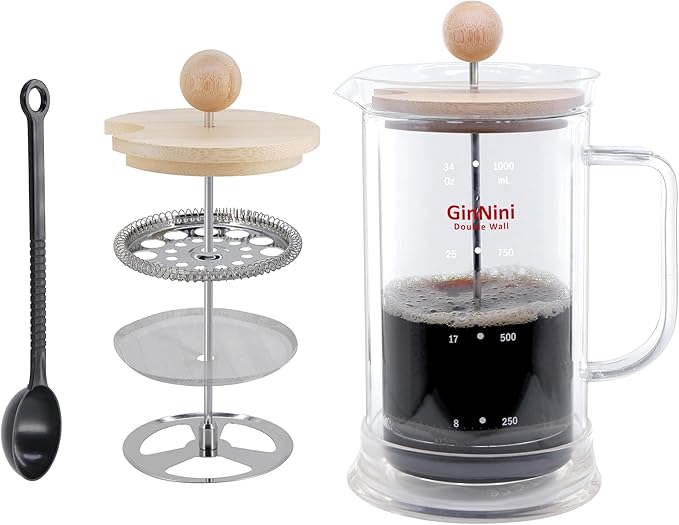 34-Ounce plastic free French Press Coffee Maker, Double Wall Glass coffee press, Stainless Steel Filter and Shaft, Bamboo Knob and Lid, Heat-Resistant tea french press no plastic large tea maker